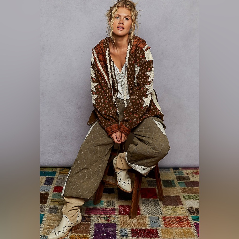 🌺LAST ONE🌺 POL Brown Star & Peace Patch Floral mix Hoodie Jacket Relaxed Fit - Picture 6 of 9